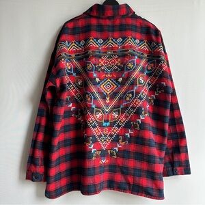 Umgee Oversized Red & Navy Plaid Embroidered Flannel Shirt Size M